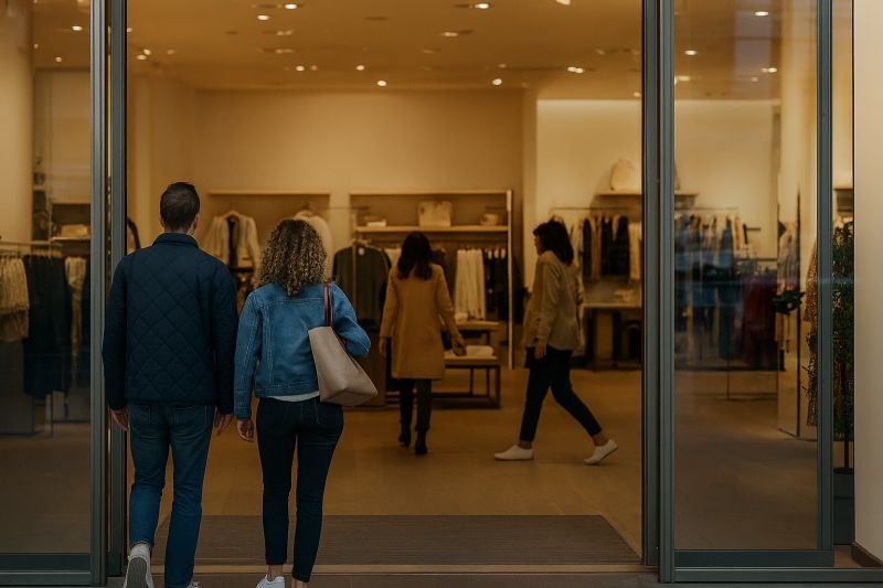 Clientes entrando a un local de ropa, con detección y conteo de personas